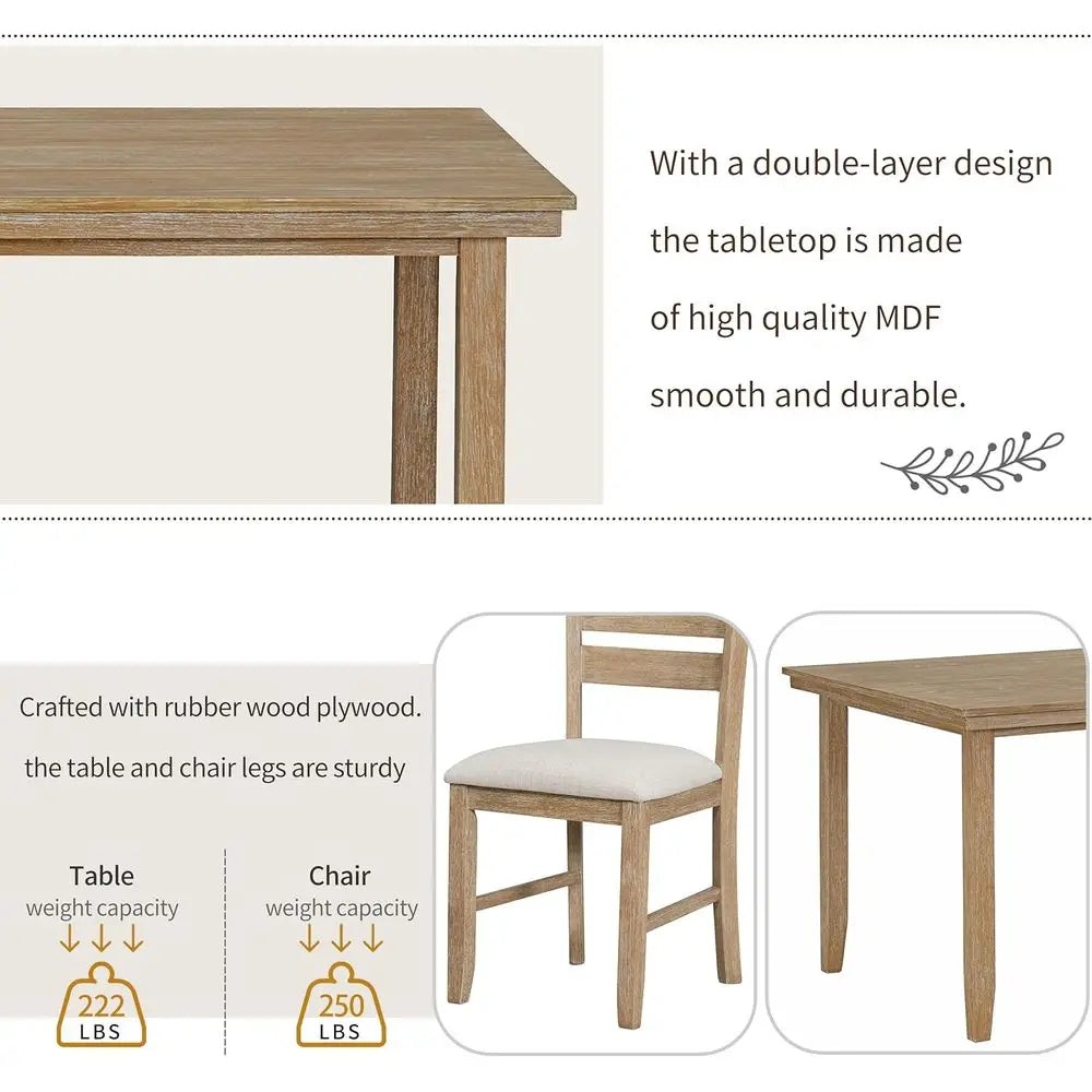Rustic 6-Piece Wooden Dining Set with Table and 4 Chairs Including Bench (Natural)