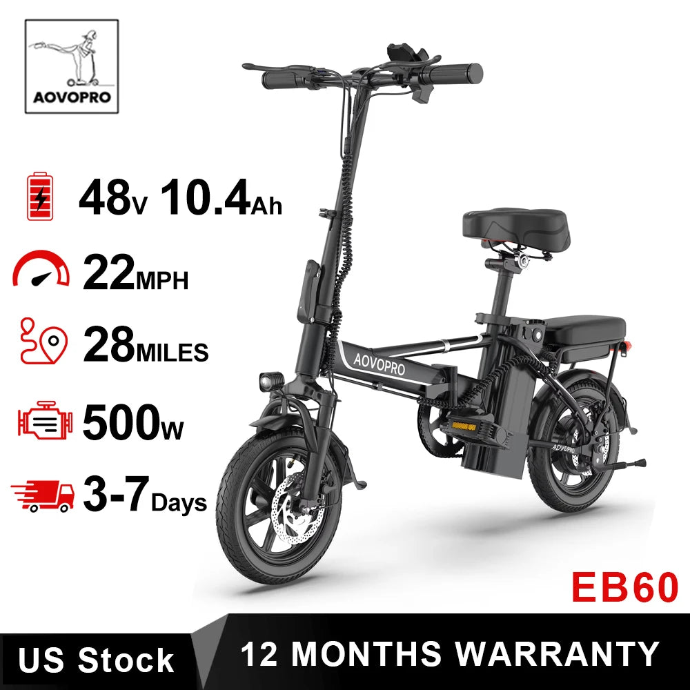 Black Foldable Ebike 500W 48V 10.4AH Electric Bicycle 22MPH Max Speed 28Miles Long Range with Two Seats for Adult