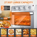 Plum Chef 27.5QT Air Fryer Oven, 6-In-1 Countertop Oven, Air Fry, Bake, Broil, Toast, Warm, Dehydrate, 4 Knob Control, 1600W, Family Size, Silver