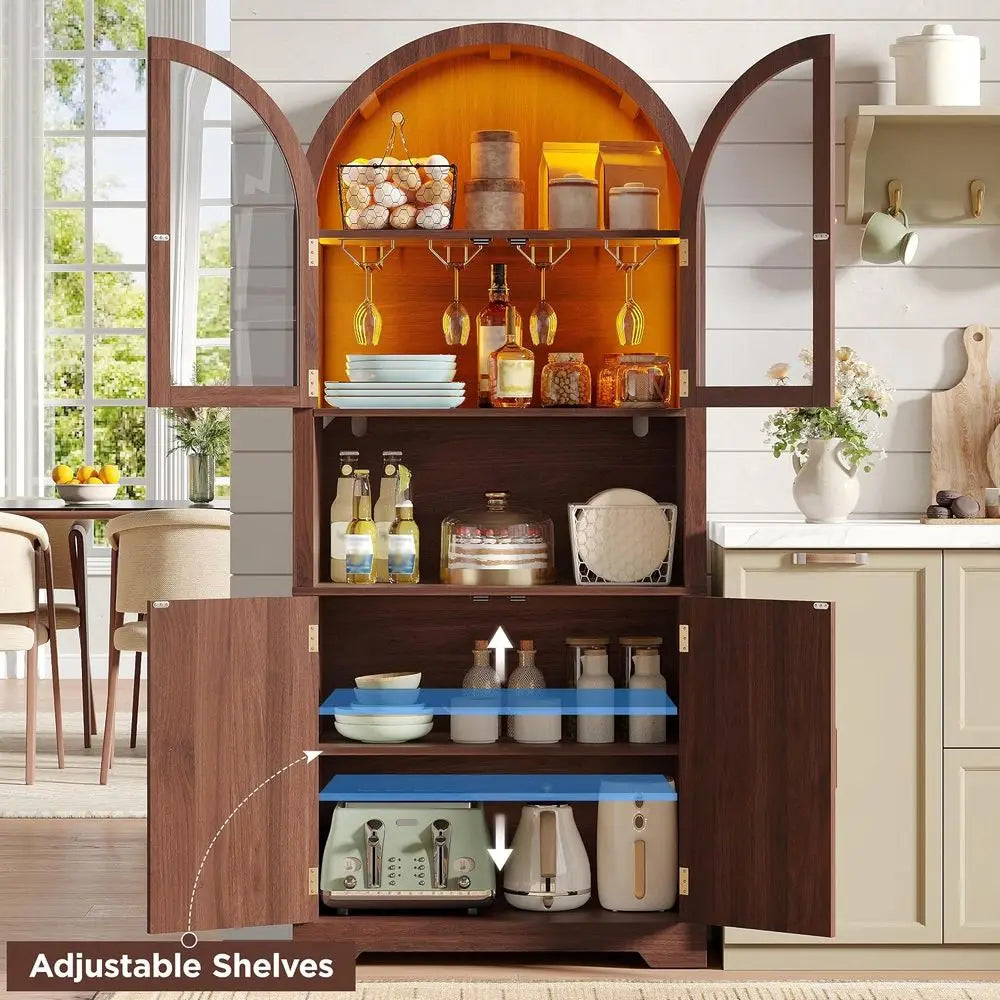 70 Walnut Arched Wine Bar Cabinet with LED Lighting, Stemware Rack, and Glass Door for Kitchen or Dining Area