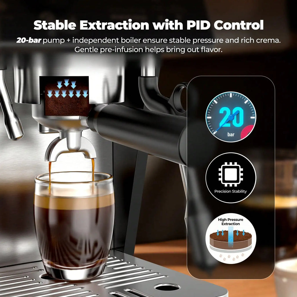 1pcs Semi-Automatic Espresso Coffee Machine With Built-In Burr Grinder & Milk Frother, Dual Boiler System, TFT Display, 20-Bar Pump Pressure, Professional Cappuccino & Latte Maker For Home Barista
