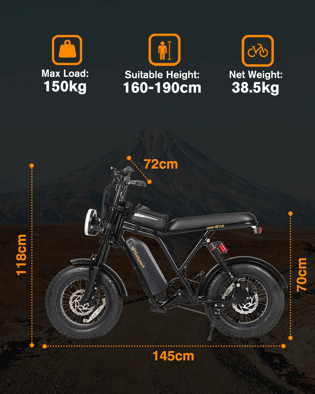 Bodywel M16PRO 16" Electric Bike for Adults/Teens, Peak 1500W48V 15.6Ah Battery,Off-Road Motorcycle Full Suspension Fat Tire All-Terrain ebike US stock