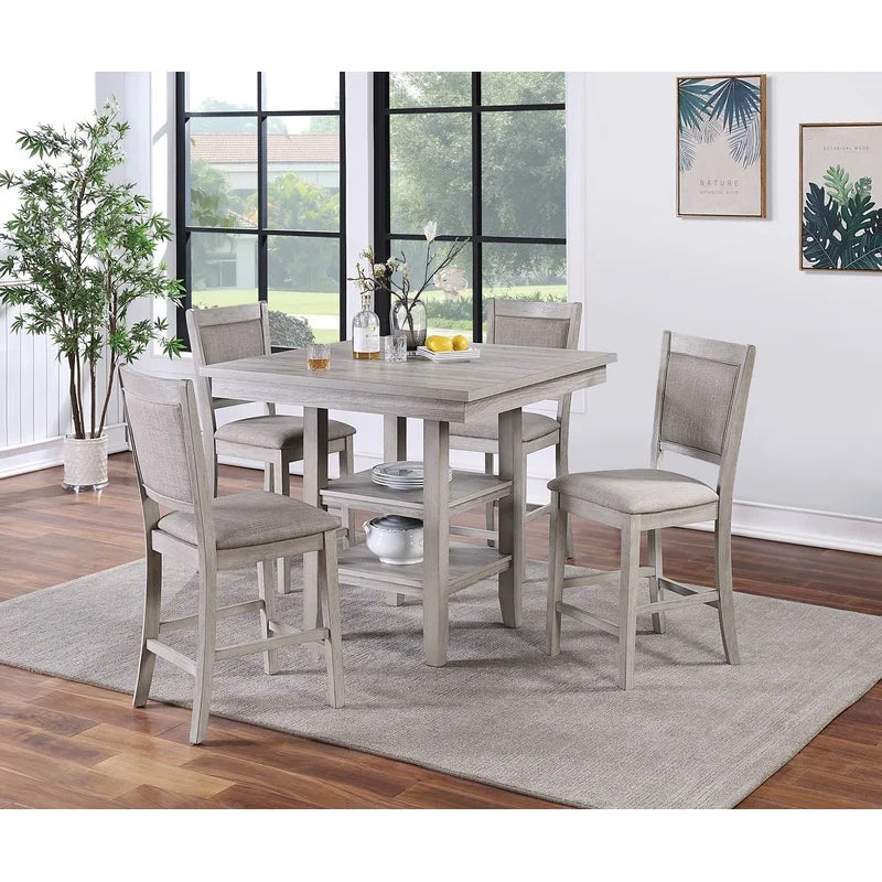 Modern Rustic Grey Square Dining Table Set with Shelves and Cushioned Chairs, 5-Piece Counter Height Furniture