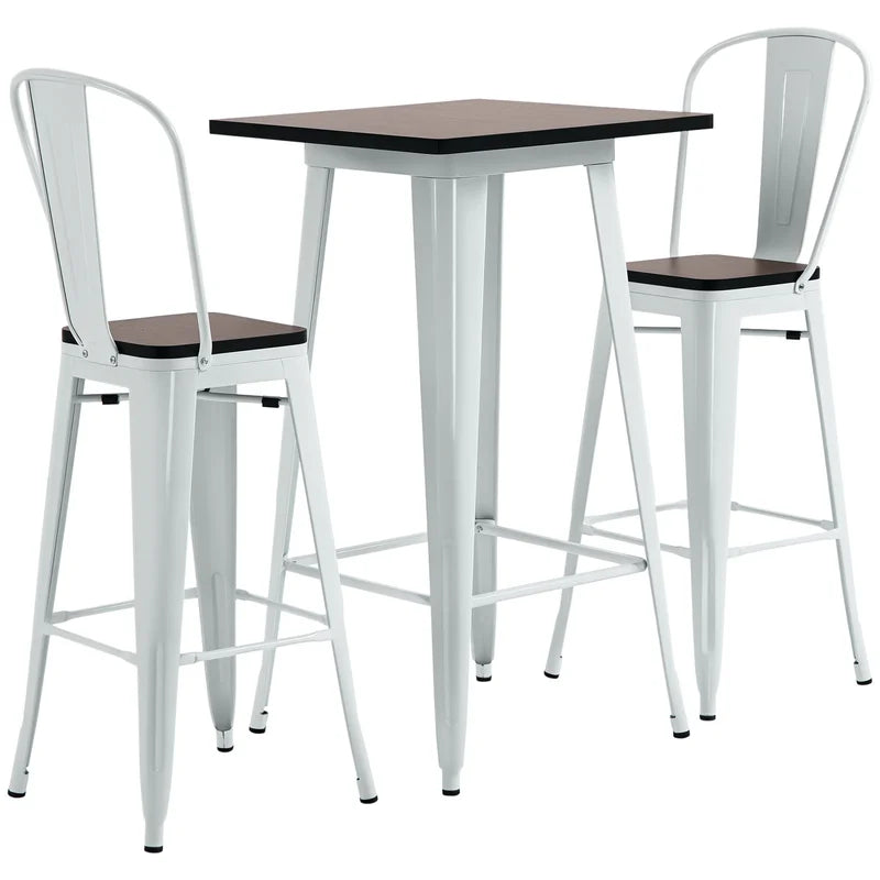 3 Piece Industrial Dining Table Set, Bar Height Bar Table and Chairs Set with Footrests for Bistro, Pub, White and Brown