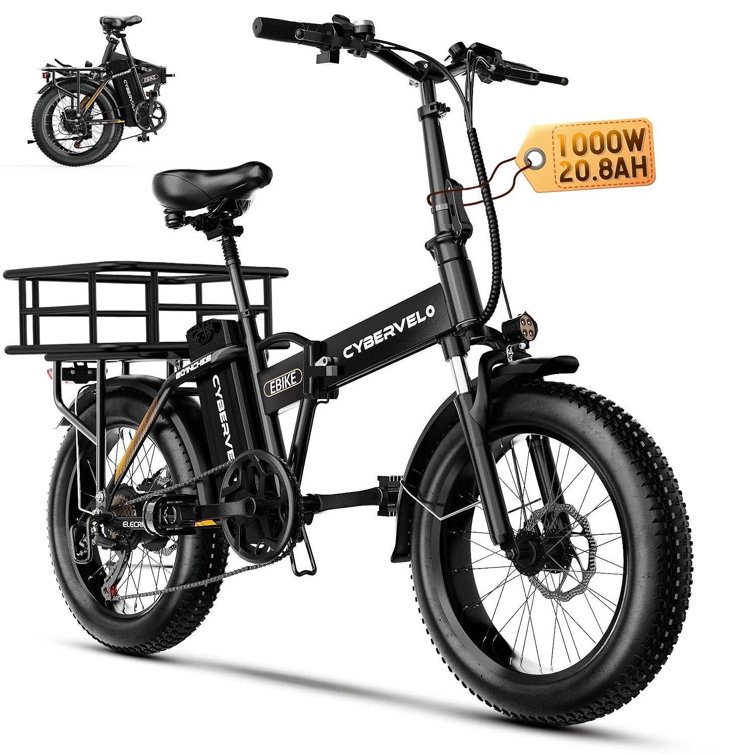 Cybervelo 1000W High-Speed Brushless Electric Bike 20 Inch Fat Tire Folding Design for Adults 48V Removable Battery up to 80 Miles Range Commuter E-Bicycle EK4