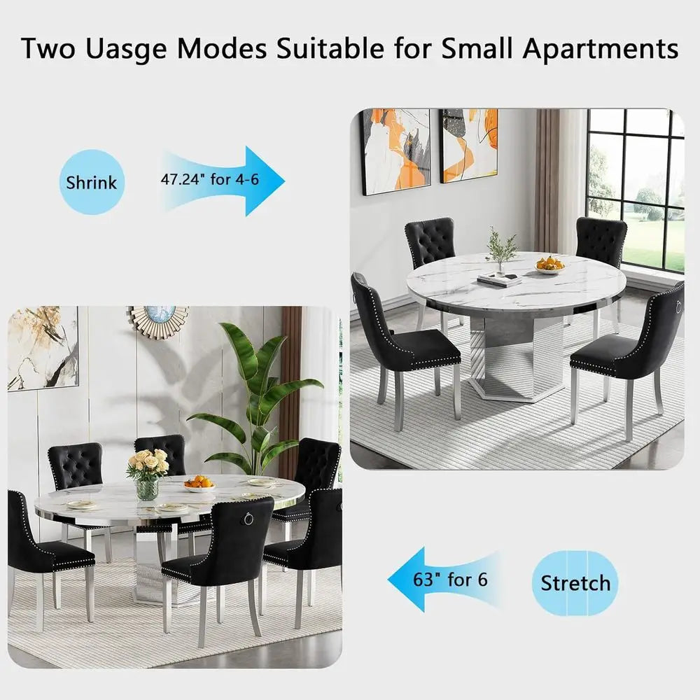 Round Expanding Marble Dining Table Set with Velvet Chairs