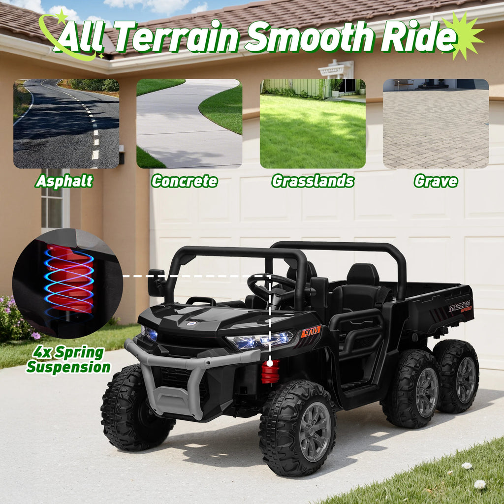 4x4 24V Ride on Dump Truck with Remote Control, 2 Seater Electric Powered Ride on Toys, 6-Wheel UTV Car w/ Tipping Bucket Trailer, Shovel, Suspension, Bluetooth Music,