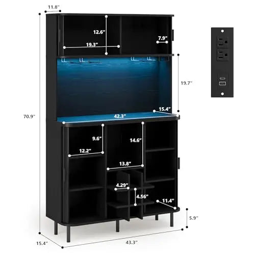 71-Inch Modern Fluted Bar Cabinet With Blue LED Backlight, 4 Integrated Wine Glass Holders, Storage Compartments And Coffee Area