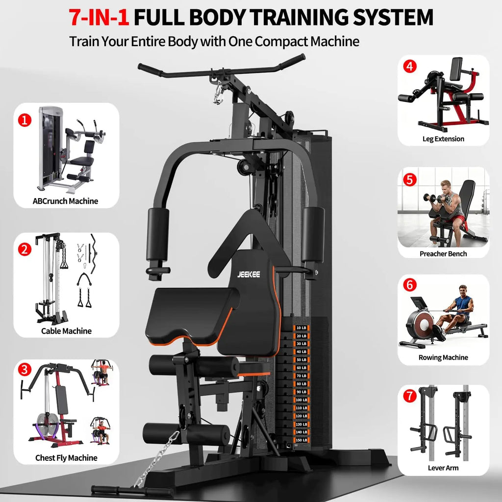 JEEKEE All in One Home Gym with 150LB Weight Stack, Multifunctional Home Gym Equipment for Full Body Workout, Space Saving Workout Machine with Chest Press, LAT Pulldown, Leg Extension