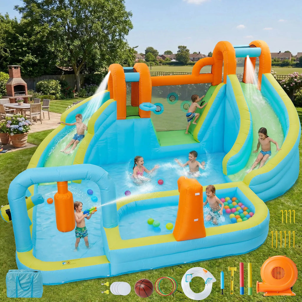 15.9FT Kids Inflatable Bounce House With Slide, 10-in-1 Water Bounce Castle, 550W Blower, Indoor Outdoor Jump House For Backyard