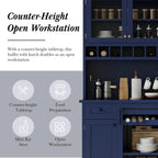 75 Tall Kitchen Pantry Cabinet with Hutch, Coffee Bar, Freestanding Buffet with Wine Rack & Adjustable Shelves (Blue + MDF + Tra