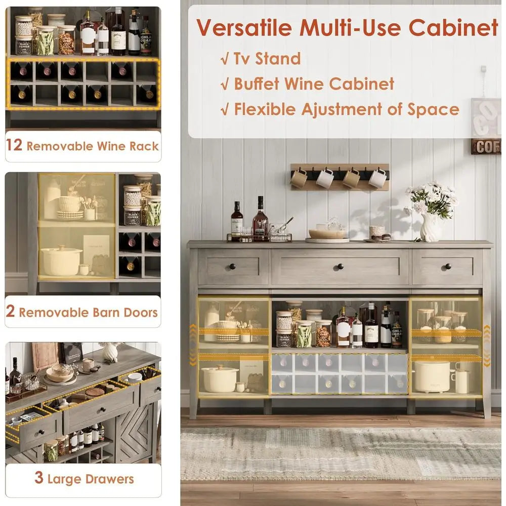59 Vintage Wine Bar Cabinet with Sliding Door, 3 Drawers, Adjustable Shelves & Removable Rack for Dining or Living Spaces