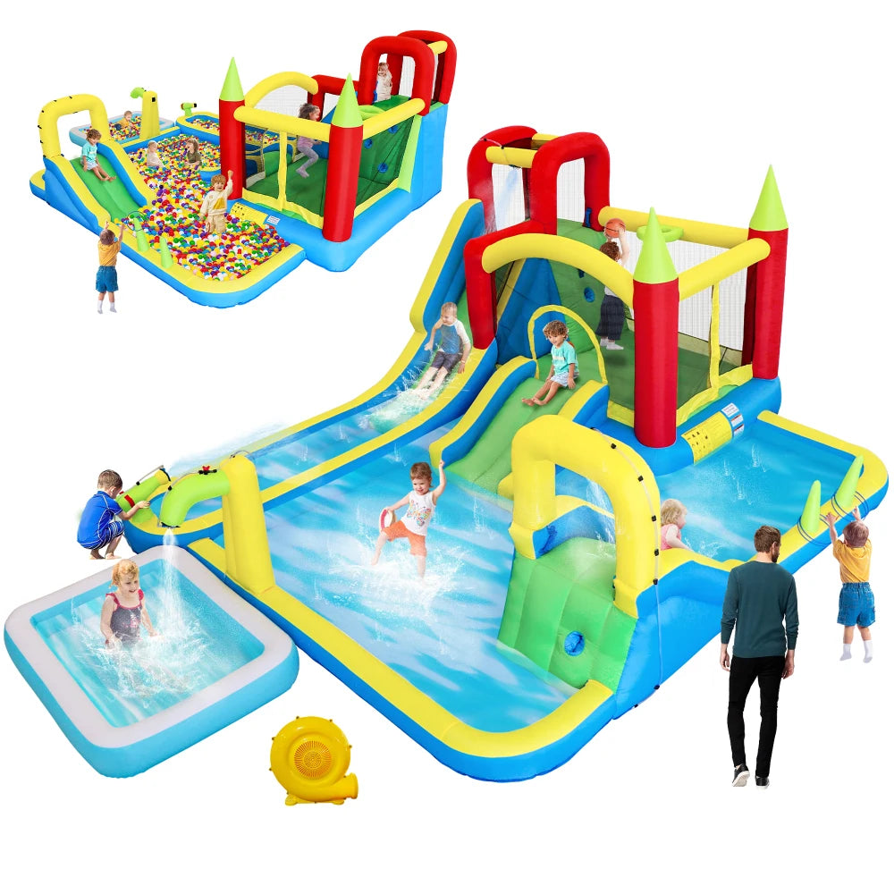 11 in1 Inflatable Slide Water Park Dry and Wet Slides Large Pool Water Gun Trampoline Climbing Wall Basketball Hoop and Ring Toss Game Outdoor Indoor Backyard Party Bounce Castle for Kids