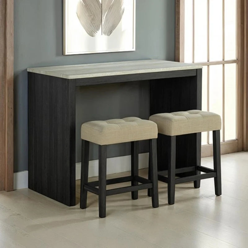 Black 3-Piece Dining Set with Two-Tone Table and Beige Tufted Stools for Dining Room