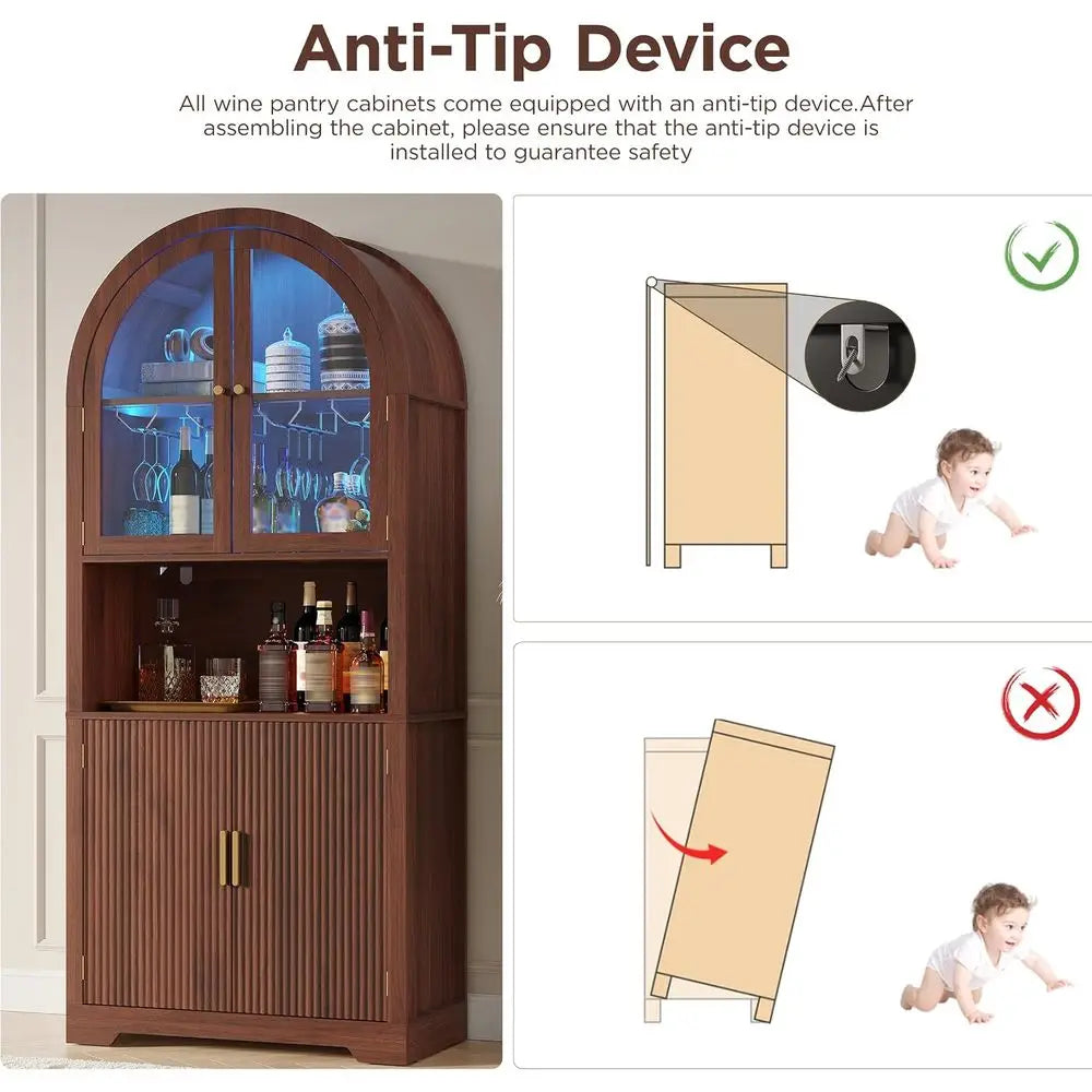 70 Walnut Arched Wine Bar Cabinet with LED Lighting, Stemware Rack, and Glass Door for Kitchen or Dining Area