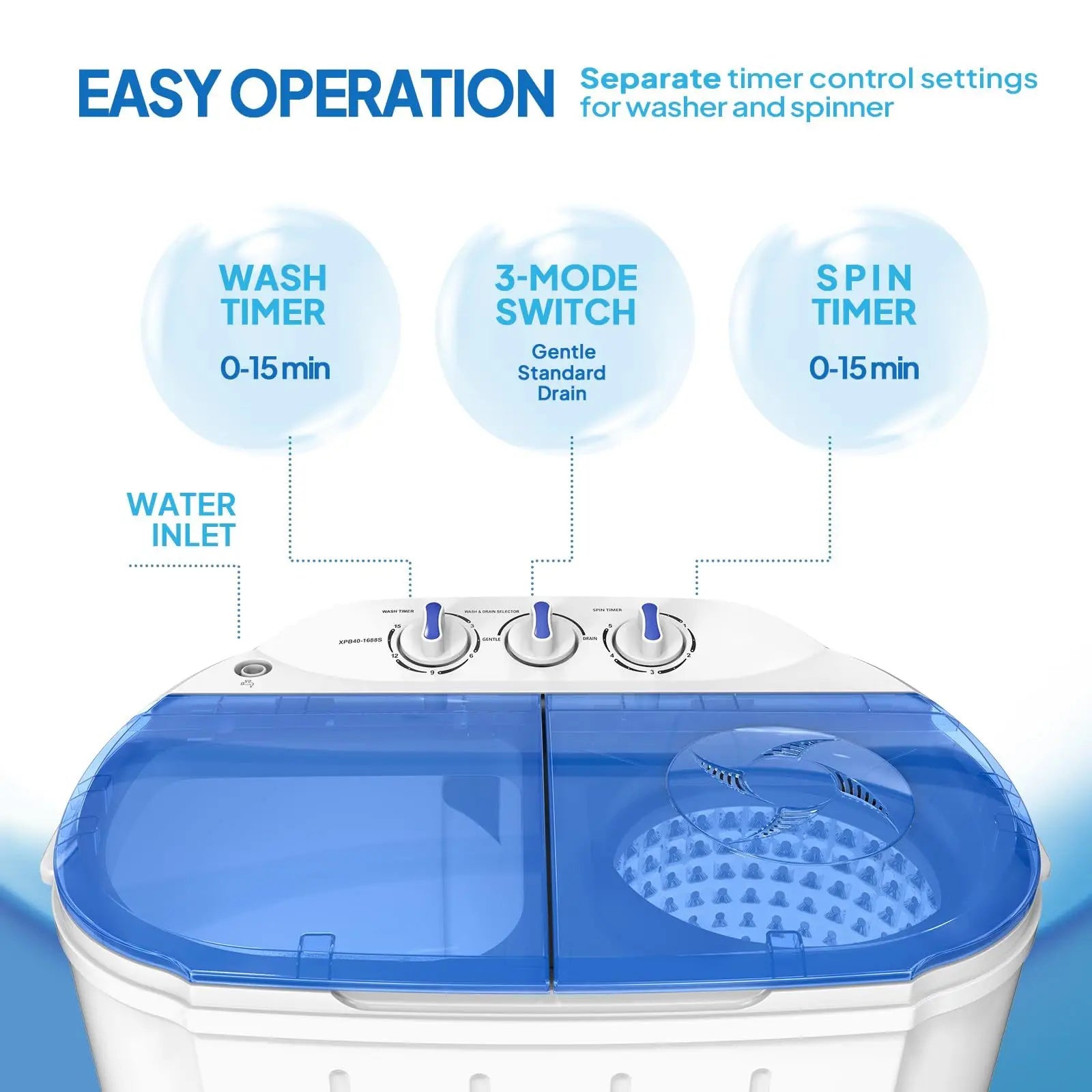 Portable Washing Machine - Compact Twin Tub Mini Washer & Spin Dryer Combo with Built-in Gravity Drain, 110V Electric Laundry Machine for Apartments, Dorms, RV, Camping - Energy Efficient, Quiet, Space Saving, No Installation
