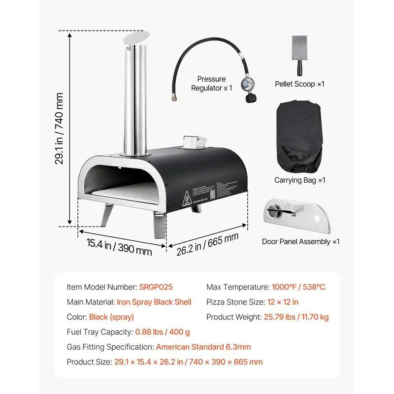 12 Inch Pizza Baker For Camping Backyard Garden, Dual Fuel Iron Spray Shell Built-in Thermometer Wood Pellet Propane Gas Oven Portable Cooking Device Black Shell Outdoor Culinary Equipment