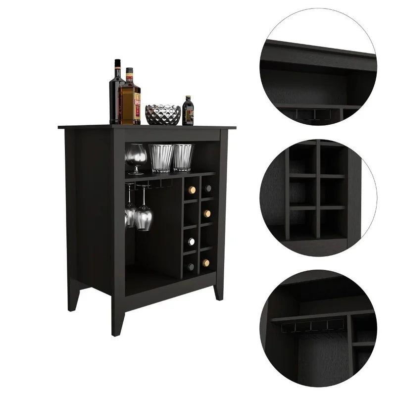 Black Bar Cabinet with Open Shelf, Wine Racks, and Drawer