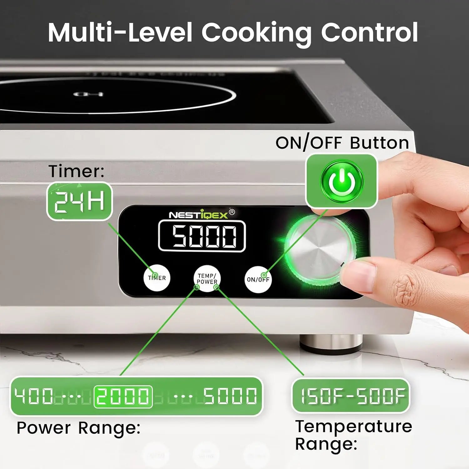 5000W Commercial Induction Cooktop, 208V 3-Phase Heavy-Duty Countertop Induction Burner, Electric Cooktop with 9.25" Copper Coil, 24H Timer for Commercial Kitchens