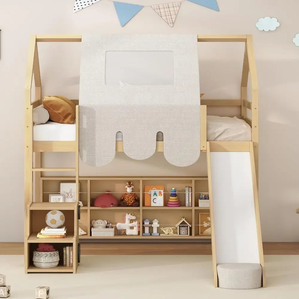 Twin Bed with Slide, Wooden House-Themed Play Loft, Ladder, Shelves, and Tent, Natural