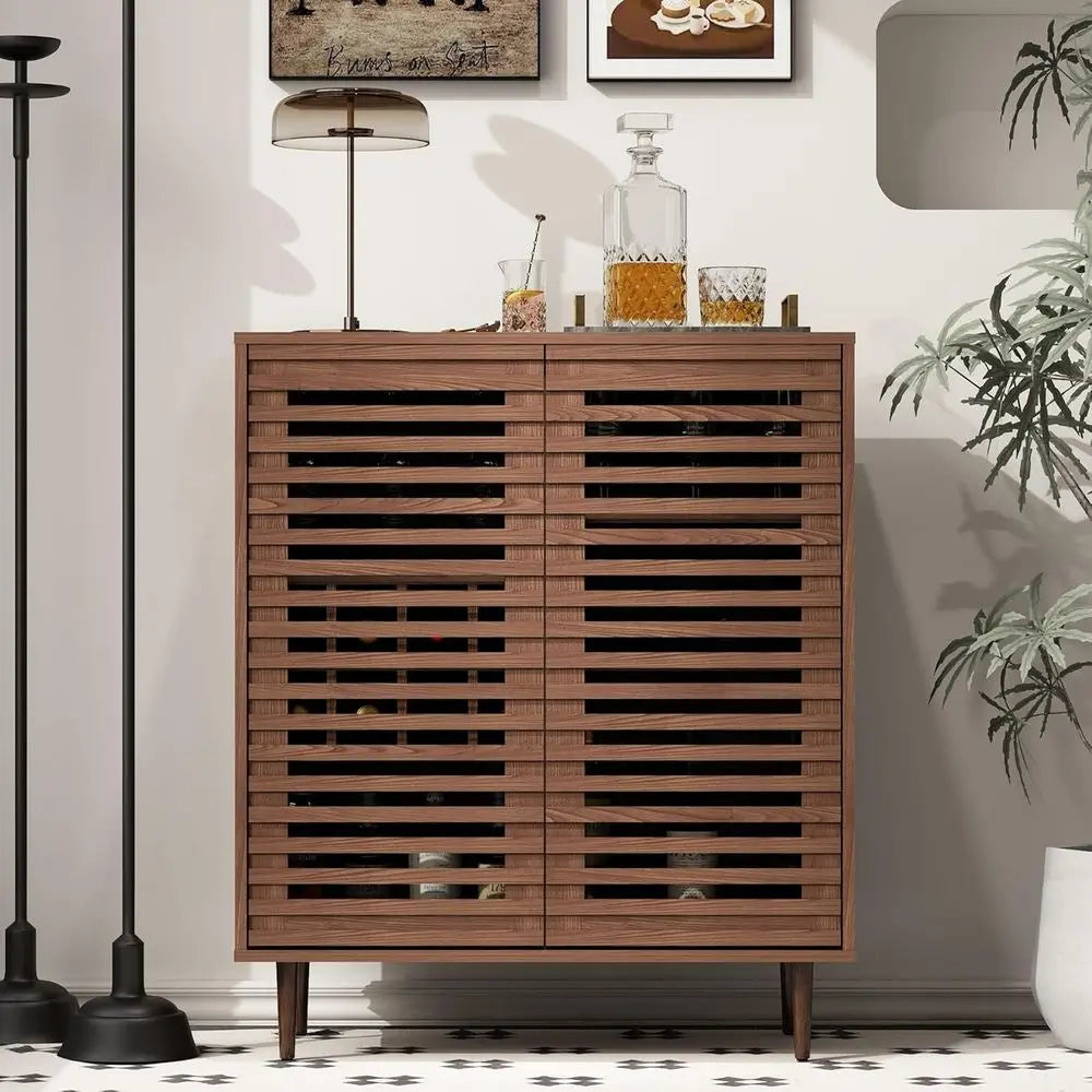 Walnut-Toned Bar Cabinet with Wine Racks for Dining and Living Spaces