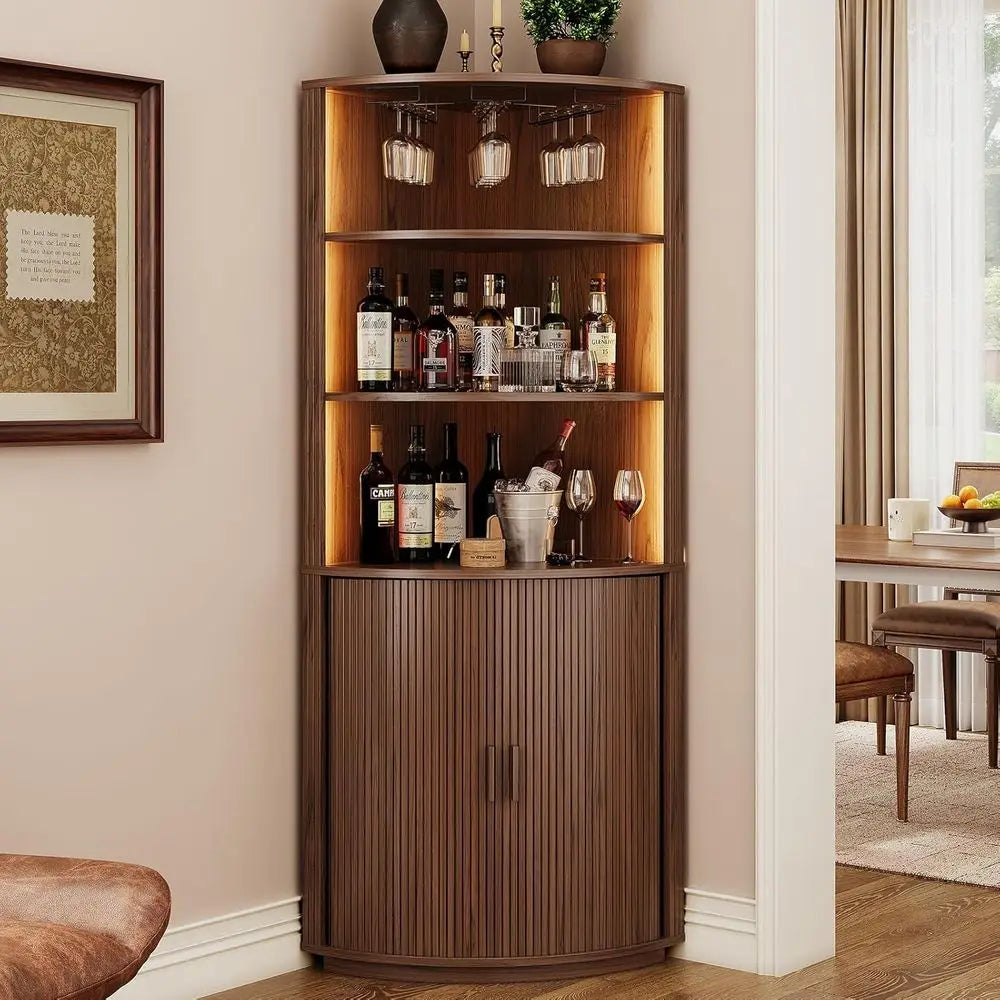 72 Inch Tall LED-lit Bar Cabinet with Sliding Door, Wine Storage and Glass Holder for Dining or Living Room in Walnut Finish