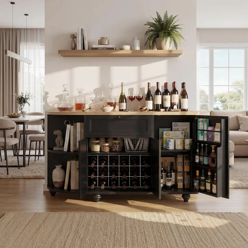 55 Coffee Bar with Outlet, Wine Rack Cabinet, Home Coffee Bar, Buffet Sideboard Storage for Kitchen, Dining, Living Rooms in Bla