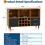 47 Wine Bar Cabinet with Storage, Wine Rack, Glass Holder, LED Light, and Charging Station - Wooden Black