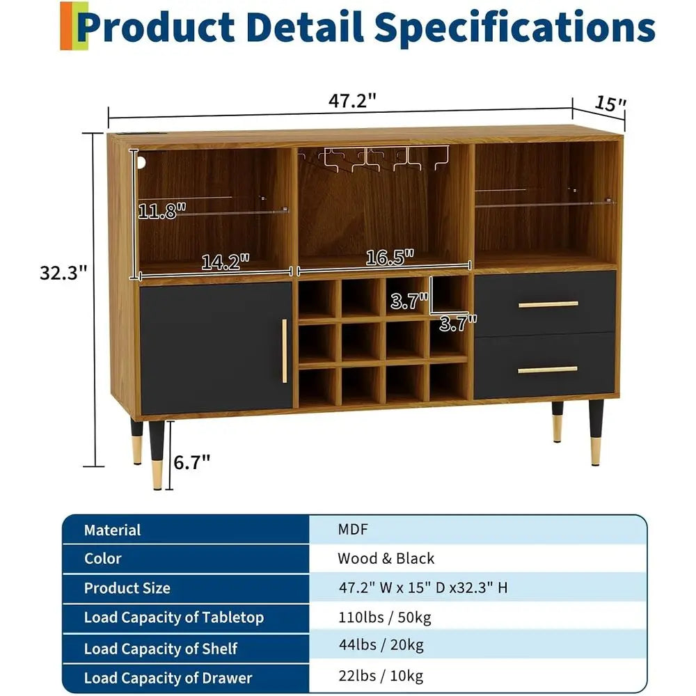 47 Wine Bar Cabinet with Storage, Wine Rack, Glass Holder, LED Light, and Charging Station - Wooden Black