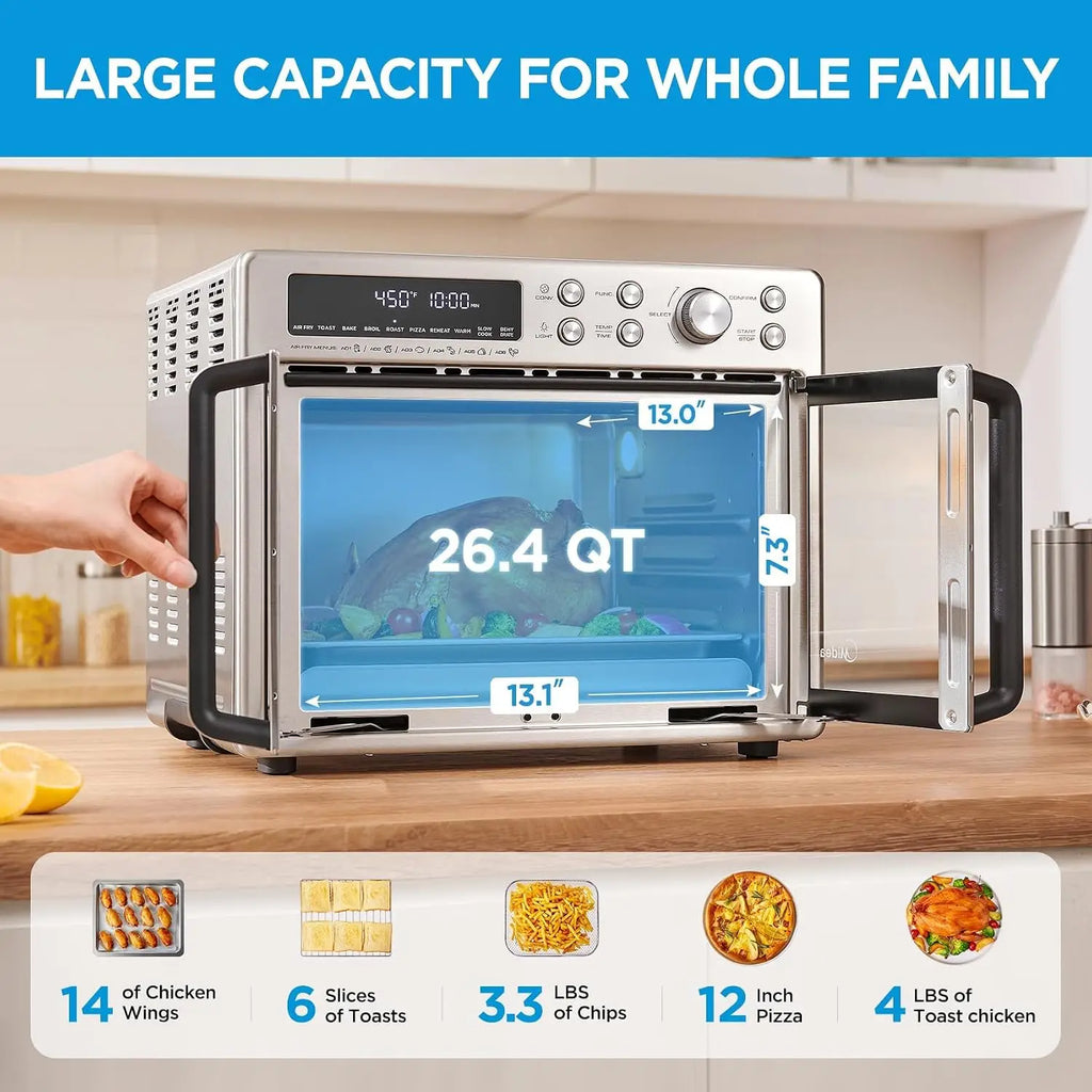 French Door Toaster Oven Air Fryer Combo, 10-in-1 26.4 QT Countertop Oven with 25% Faster Cooking and 90% Less Oil, Stainless