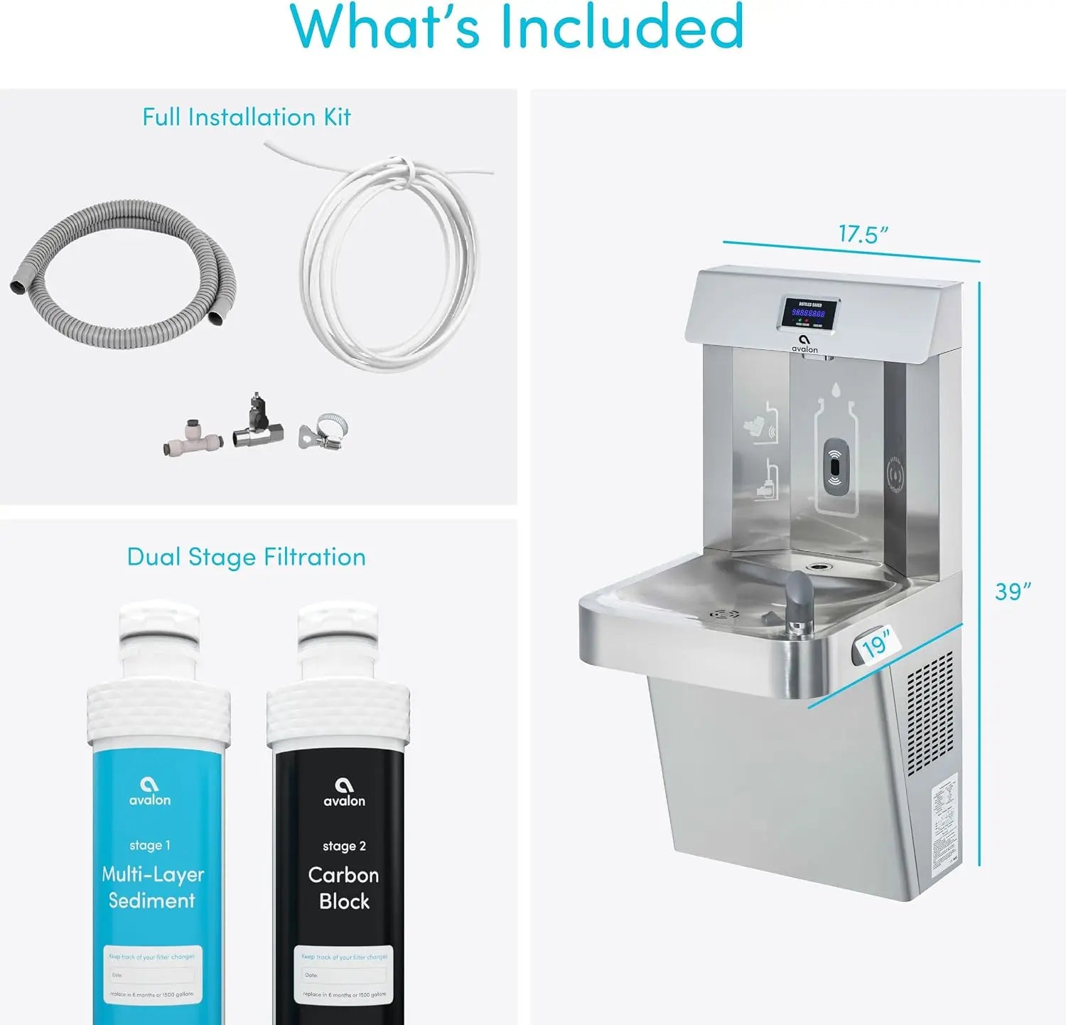 Avalon Wall Mounted Water Fountain with Bottle Filling Station, High Capacity Cooling, Sensor Dispensing, Self Cleaning, Digital Bottle Counter Display, Dual Filtration, ADA Compliant