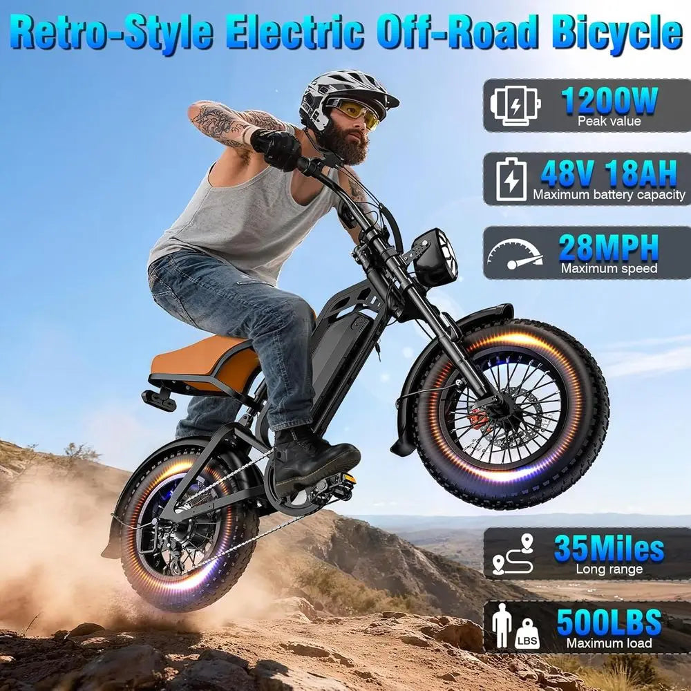 Retro-Style Electric Bike with 1200W Motor, 28MPH Speed, 48V 18Ah Battery, 500lbs Load Capacity, Black