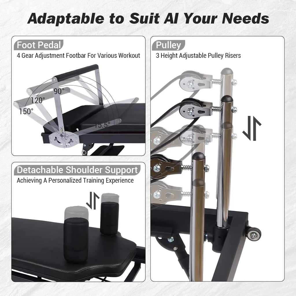 Foldable Reformer Pilates Machine with Adjustable Reformer Heights, Pilates Equipment with Piano Wire Spings and Jump Boards