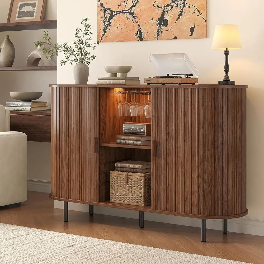 55 Walnut Modern Wine & Liquor Cabinet with LED Lighting, Storage, and Charging Station