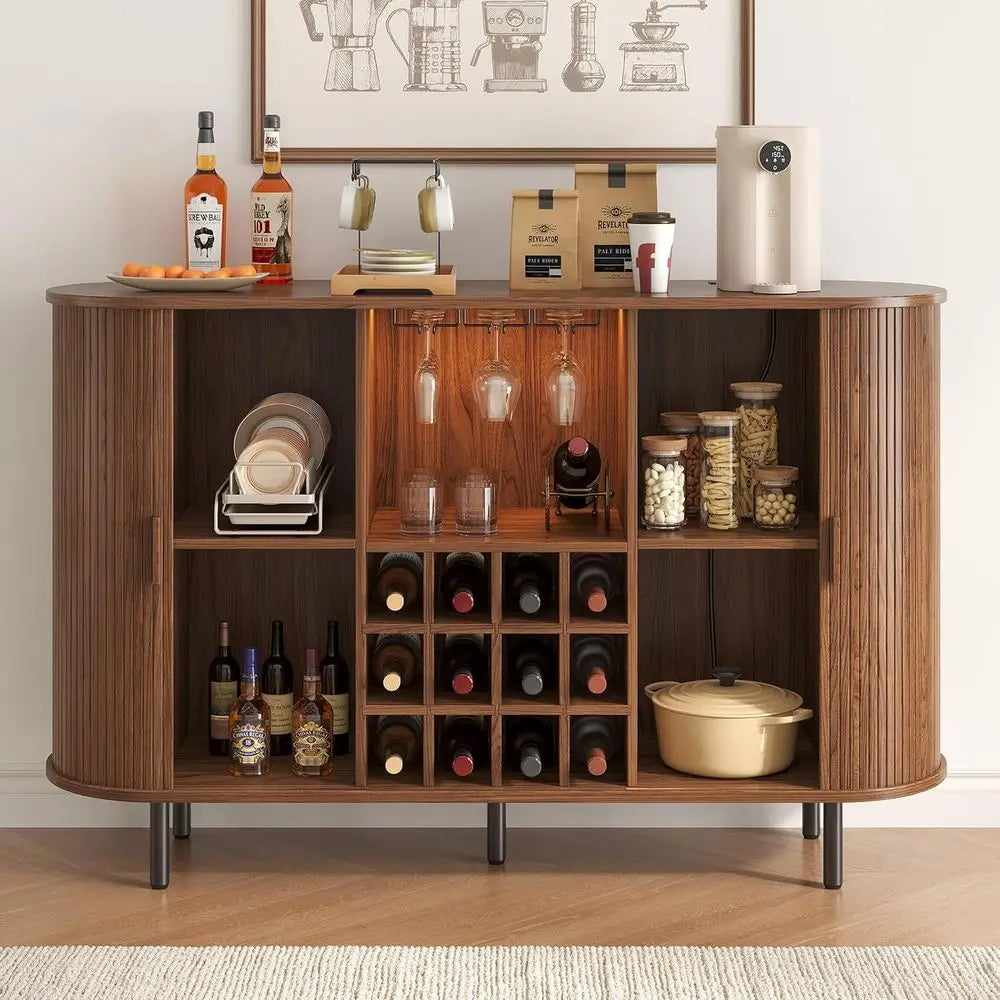 55 Walnut Modern Wine & Liquor Cabinet with LED Lighting, Storage, and Charging Station