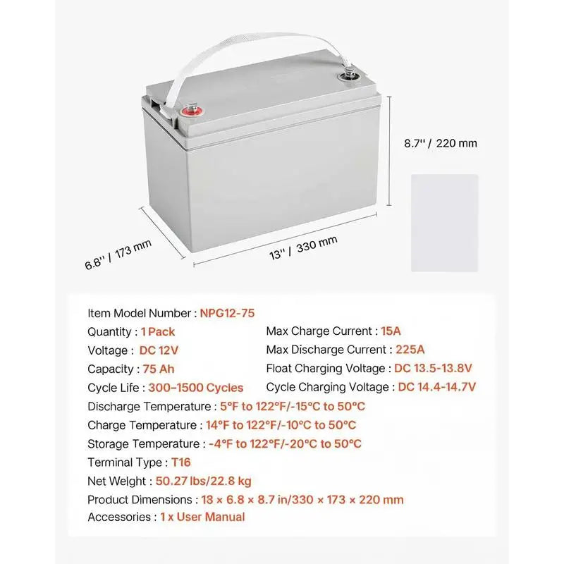 12V 75Ah Deep Cycle Battery, Sealed AGM Technology, Rechargeable Lead Acid AGM Battery, Backup Replacement for Scooters, Electric Mobility Wheelchair, Solar System Off-Grid Home Energy Storage