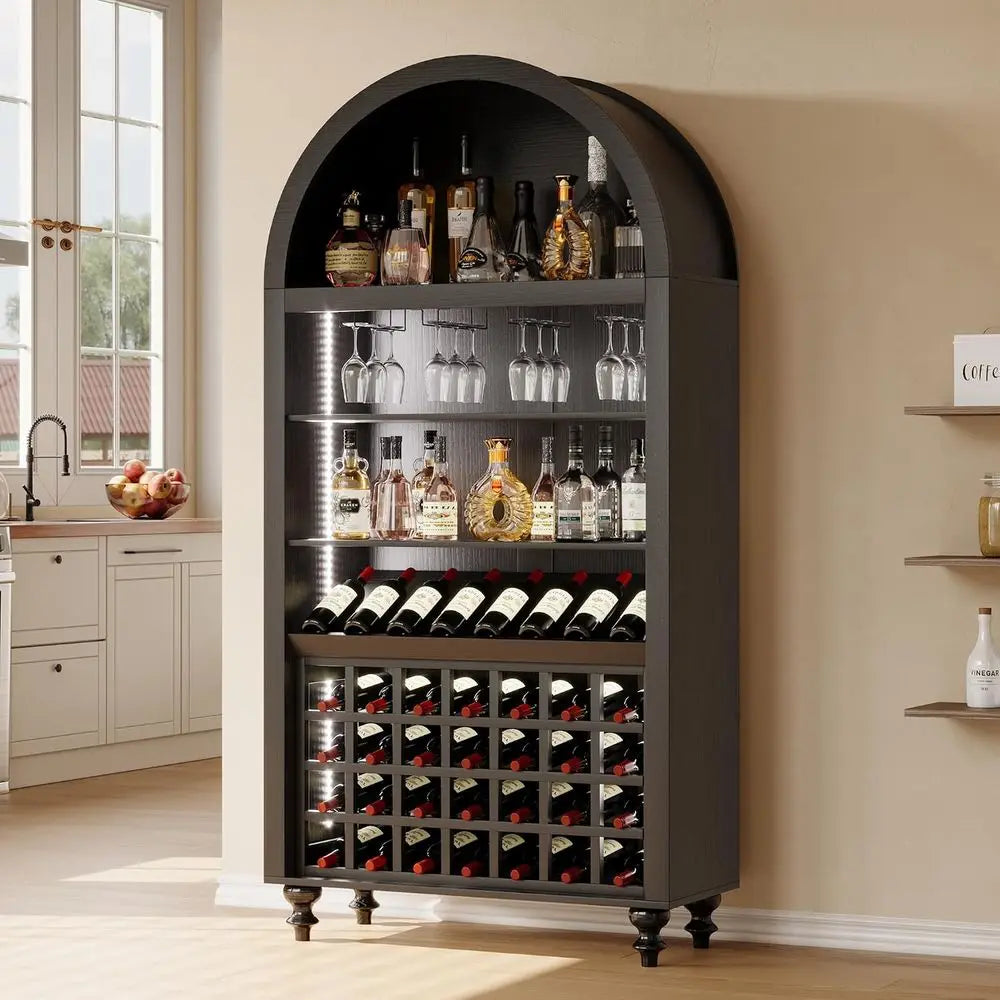 LED-Illuminated 71 Tall Wine & Liquor Cabinet with Glass Holders and Rack for Living Room, Kitchen, or Dining Area (Black)