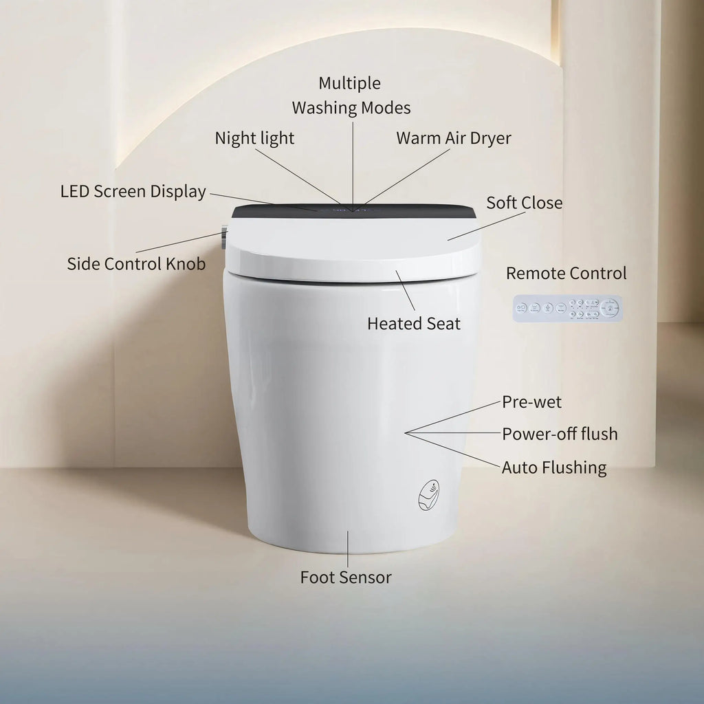 Tankless Smart Toilet Built-in Bidet Auto Flush Heated Seat Remote Control Foot Sensor