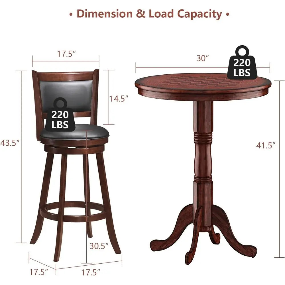 3 Pcs Dining Table Set, Wooden Pub Pedestal Side Table with Stable Base, 360 Degrees Swivel Bar Stool, Round Bar Table and Stool