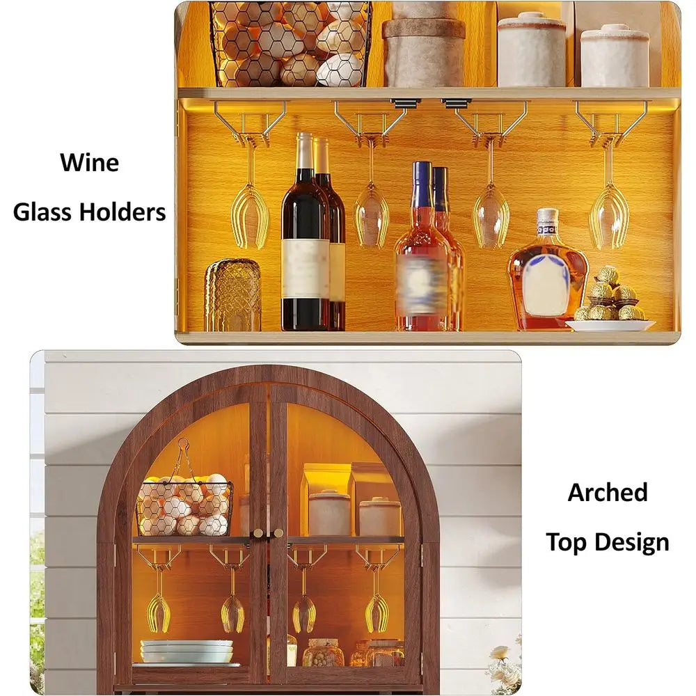 70 Walnut Arched Wine Bar Cabinet with LED Lighting, Stemware Rack, and Glass Door for Kitchen or Dining Area