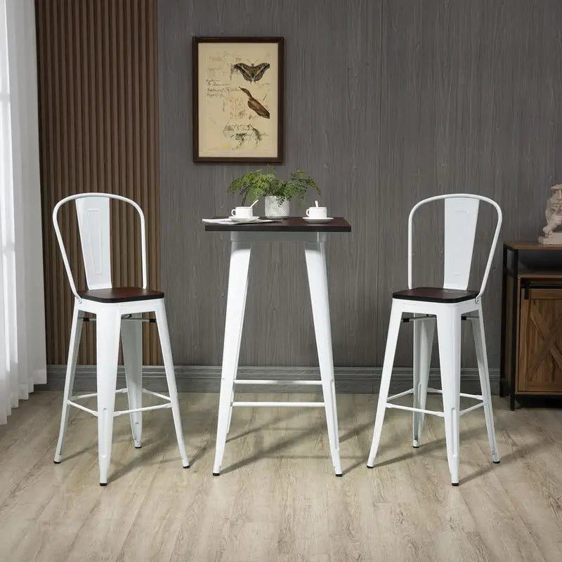 3 Piece Industrial Dining Table Set, Bar Height Bar Table and Chairs Set with Footrests for Bistro, Pub, White and Brown