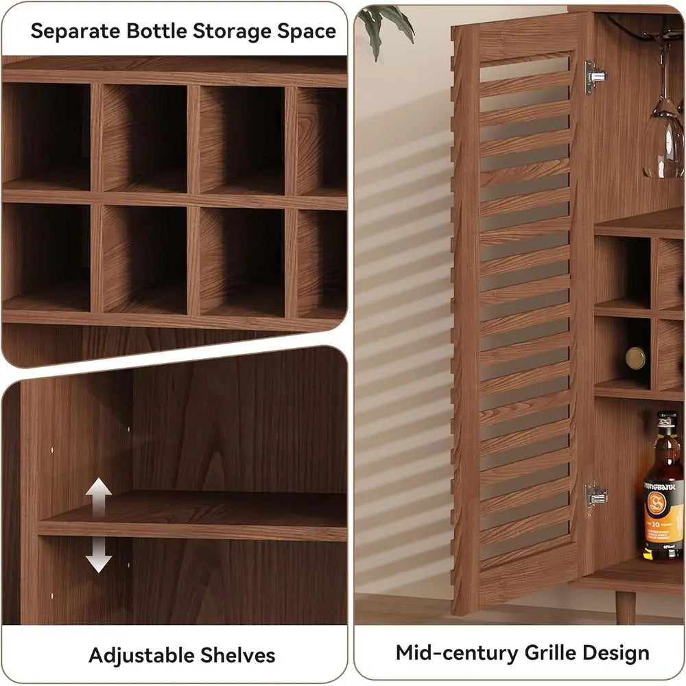 Walnut-Toned Bar Cabinet with Wine Racks for Dining and Living Spaces