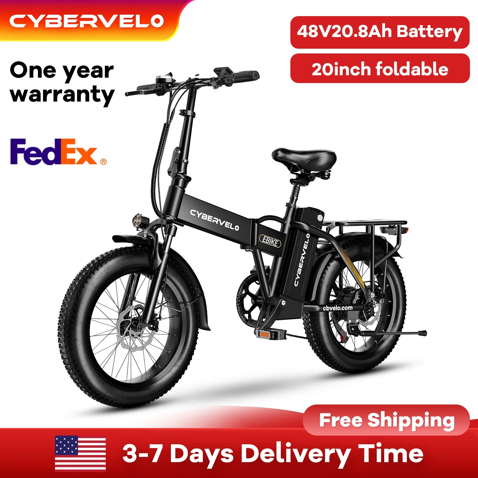 Cybervelo 1000W High-Speed Brushless Electric Bike 20 Inch Fat Tire Folding Design for Adults 48V Removable Battery up to 80 Miles Range Commuter E-Bicycle EK4