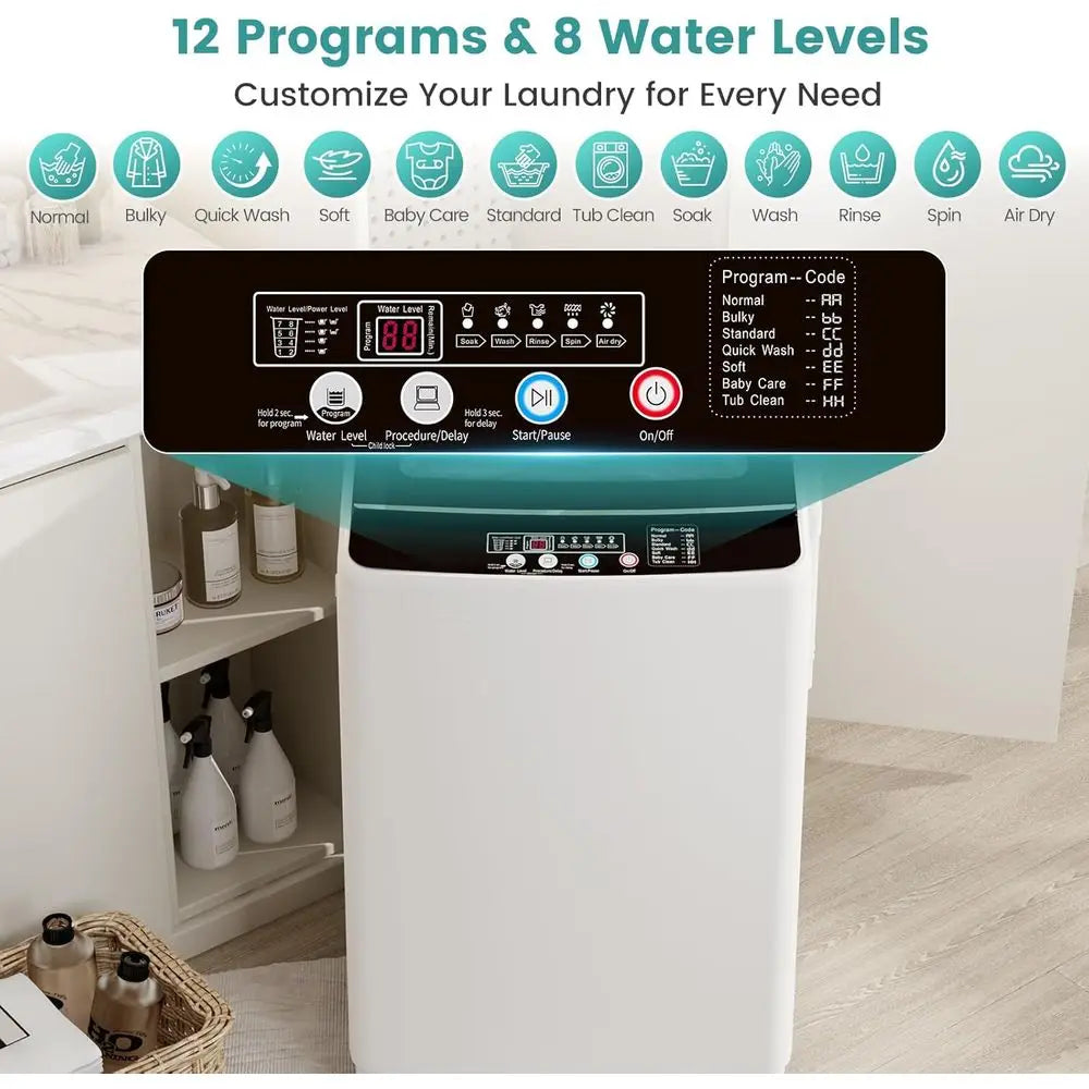 Fully Automatic Portable Washer with LED Display, 12 Cycles, 8 Water Levels, Large Capacity Combo Washer and Dryer