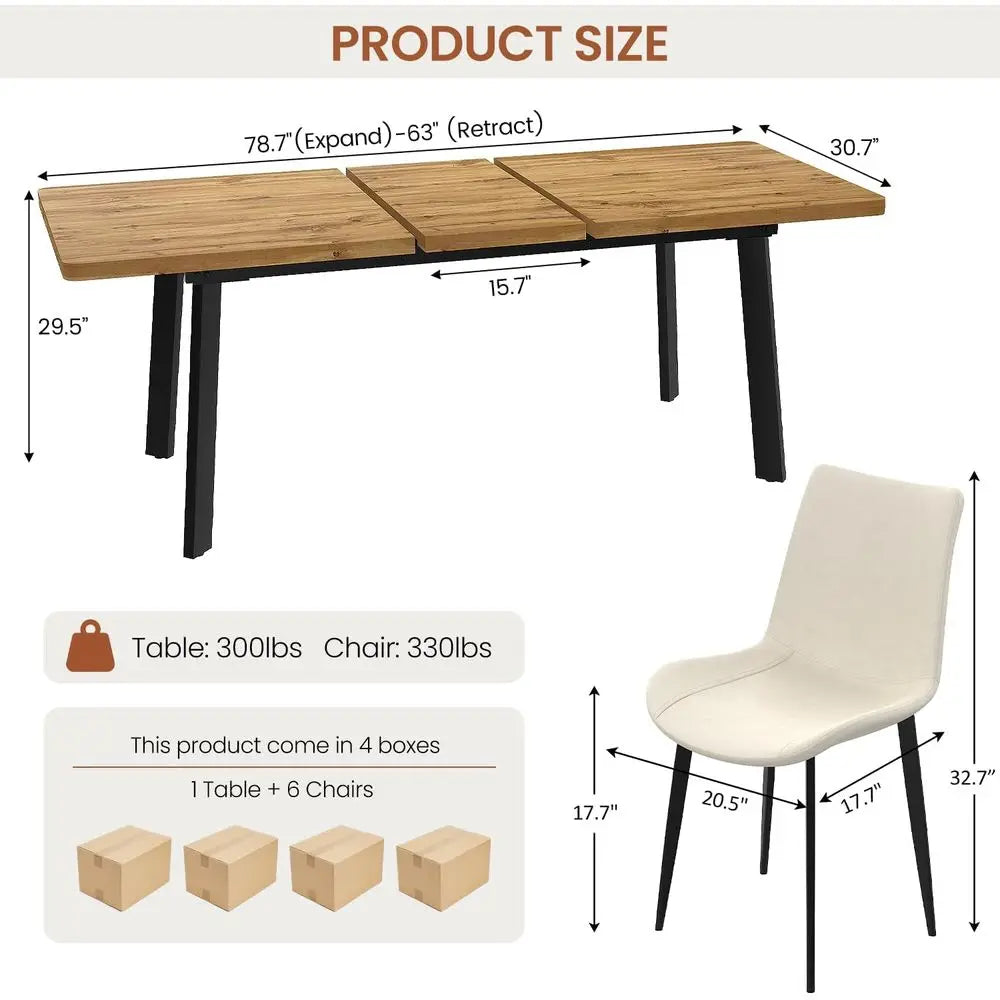 Walnut Extendable Dining Table Set for 6-8 with White Leather Chairs