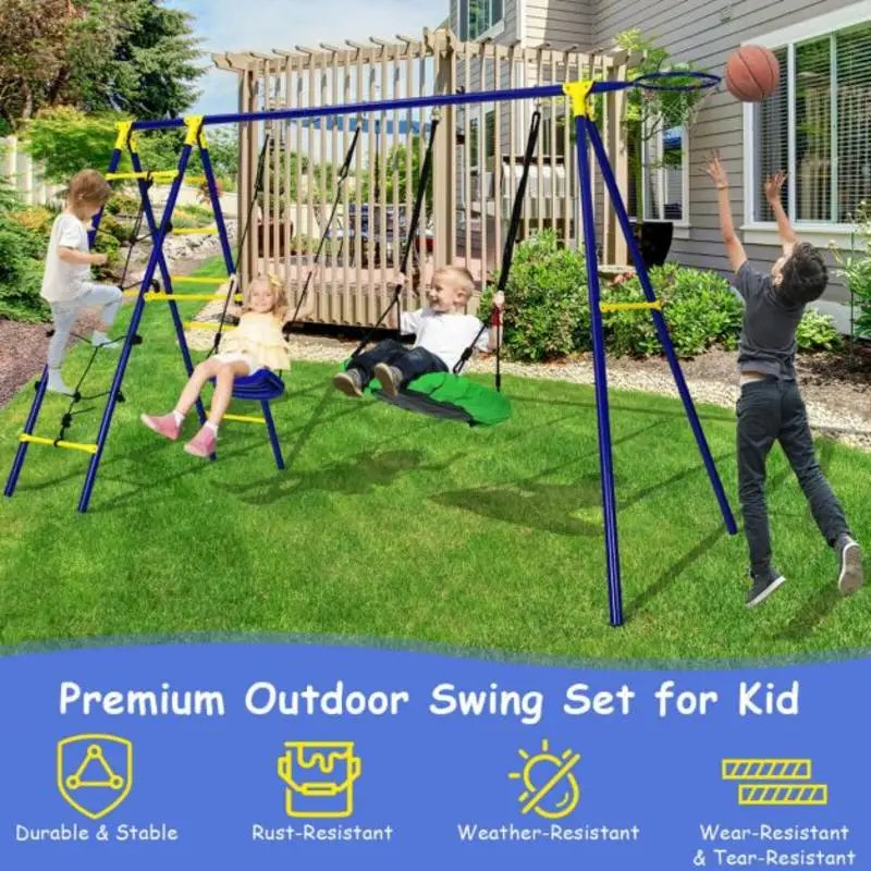 5-In-1 Outdoor Kids Swing Set with A-Shaped Metal Frame and Ground Stake