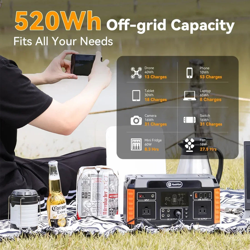 140A Portable Power Station 520WH Emergency Solar Generator Battery Pack Power Bank Outdoor for Camping Laptop Supply RV