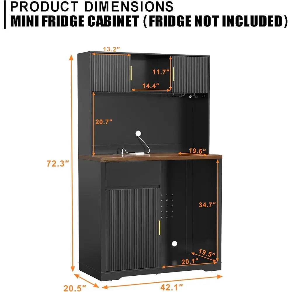 72 High Bar Cabinet with Ridged Storage, LED-lit Liquor Hutch for Home Bar or Dining Area