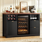 53 Inch Coffee Bar Sideboard with Built-in Fridge Nook, Fluted Wood Liquor Storage Cabinet Equipped with Wine Rack & Storage Drawer, Freestanding Buffet Cabinet for Household Living Space, Dimensions 20D x 53.1W x 39.4H Black