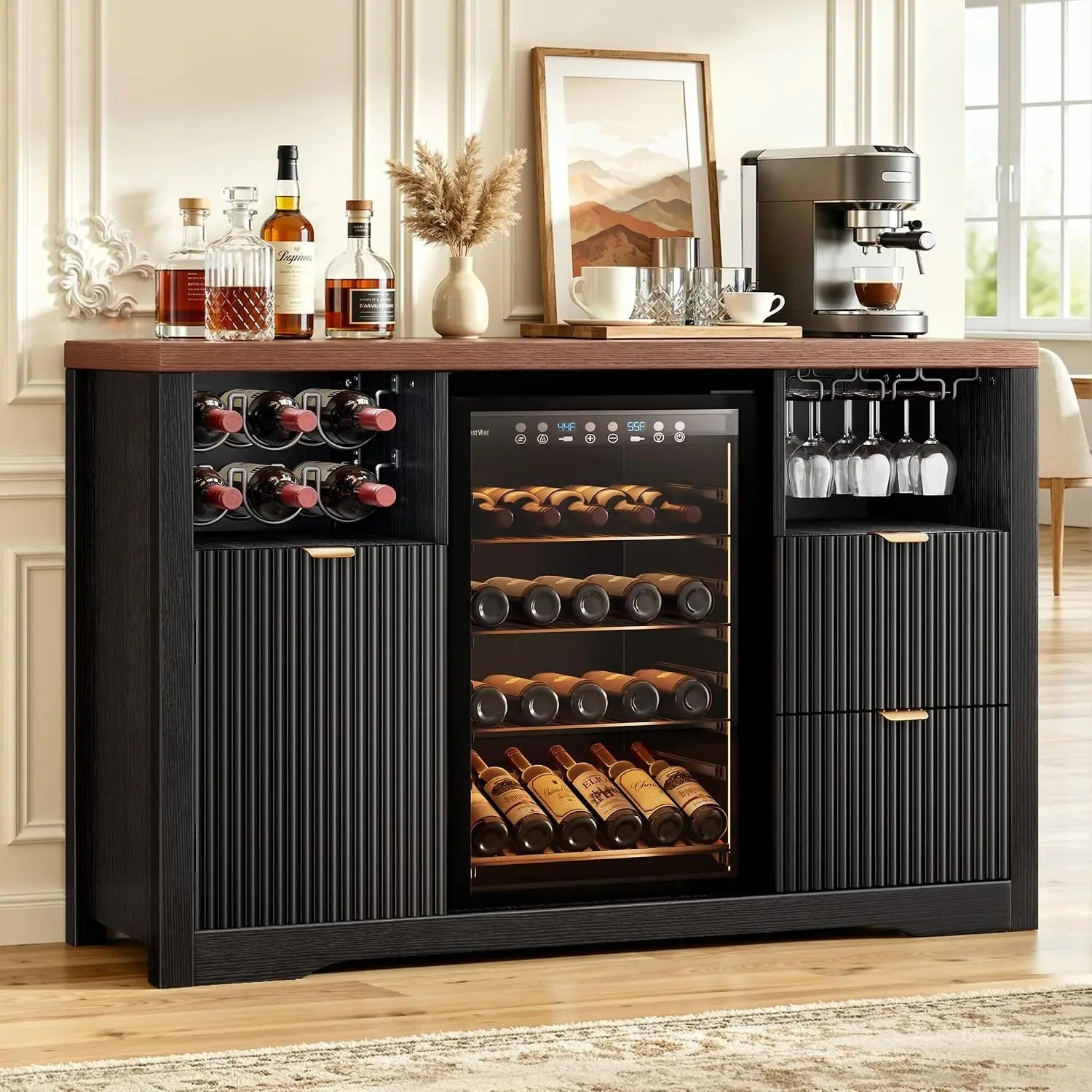 53 Inch Coffee Bar Sideboard with Built-in Fridge Nook, Fluted Wood Liquor Storage Cabinet Equipped with Wine Rack & Storage Drawer, Freestanding Buffet Cabinet for Household Living Space, Dimensions 20D x 53.1W x 39.4H Black